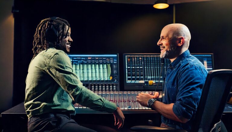 Artist and producer talking in the studio control room