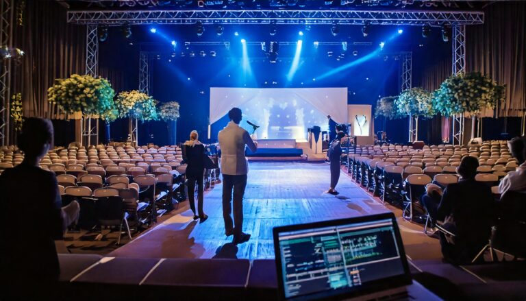 Event stage set up with lighting rig and seating