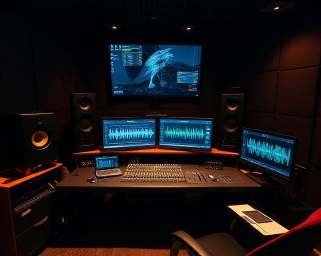 Modern recording studio at Barcoe Studios in Dubai, featuring advanced sound recording technology and professional audio production for music and media projects.