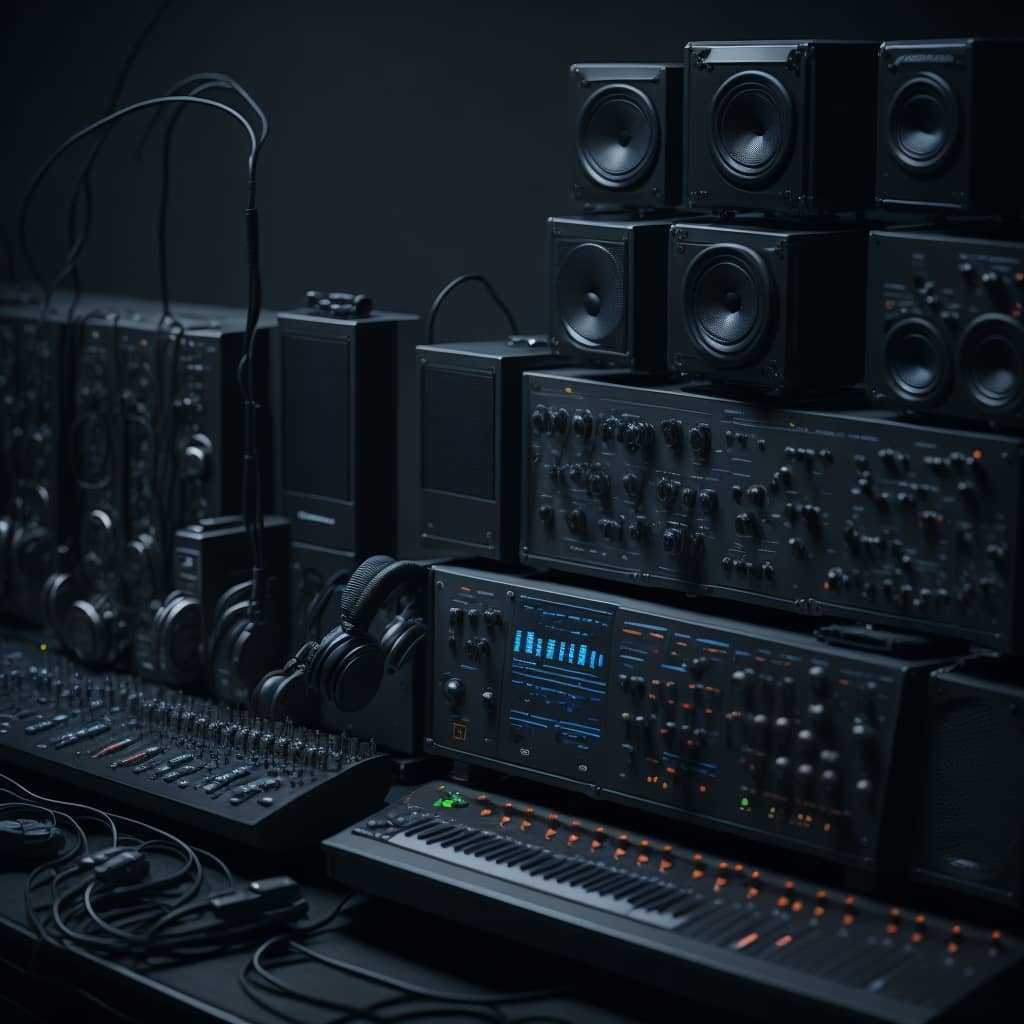 Modern recording studio setup at Barcoe Studios, featuring advanced sound equipment for music production, sound recording, and video production in Dubai and Abu Dhabi.