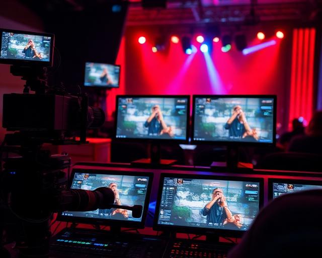 Professional video production setup at Barcoe Studios, showcasing live event production and sound recording in Dubai. Best recording studio for corporate events and media production.