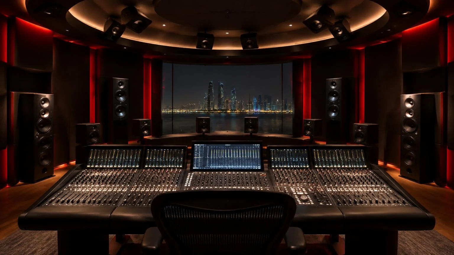 Immersive audio mixing desk with studio monitors and deep red accent light